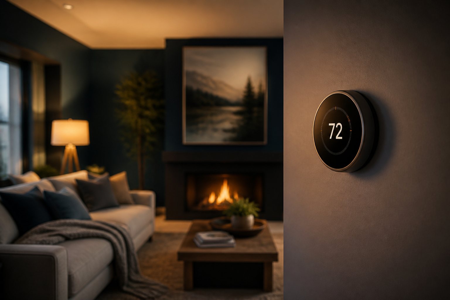 Cozy living room with a smart thermostat glowing 72 degrees in warm evening light