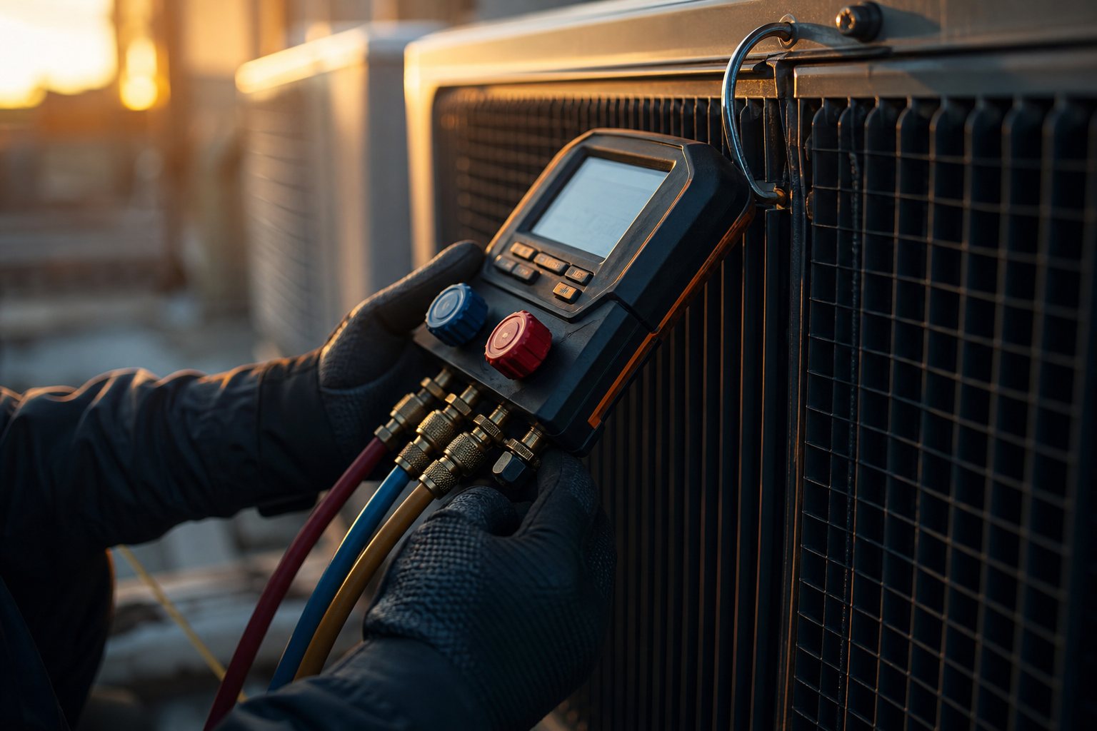 Technician checking an outdoor AC condenser during a seasonal tune-up