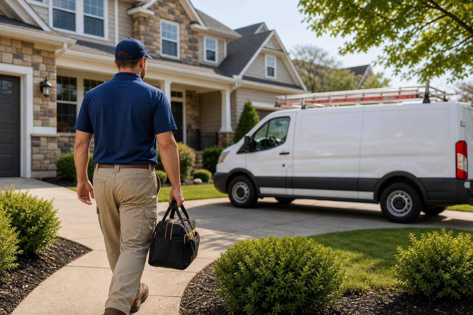 Direct Improvements technician walking toward a home to begin service