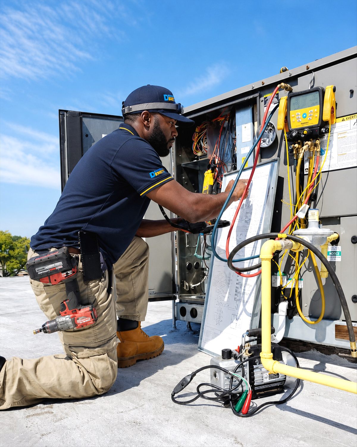 Direct Improvements HVAC technician diagnosing a commercial rooftop heating and cooling system.