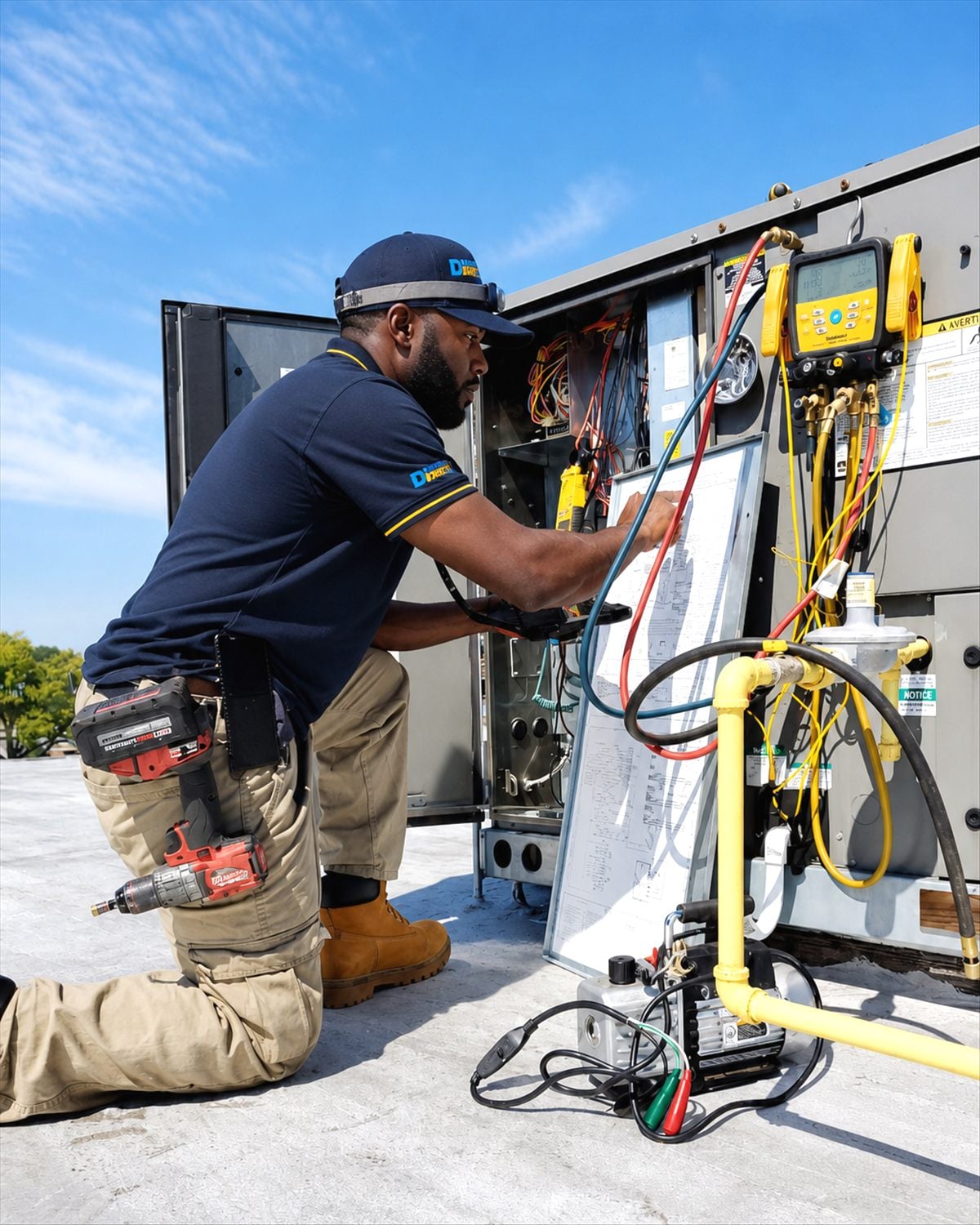 Direct Improvements HVAC technician servicing a rooftop heating and cooling unit