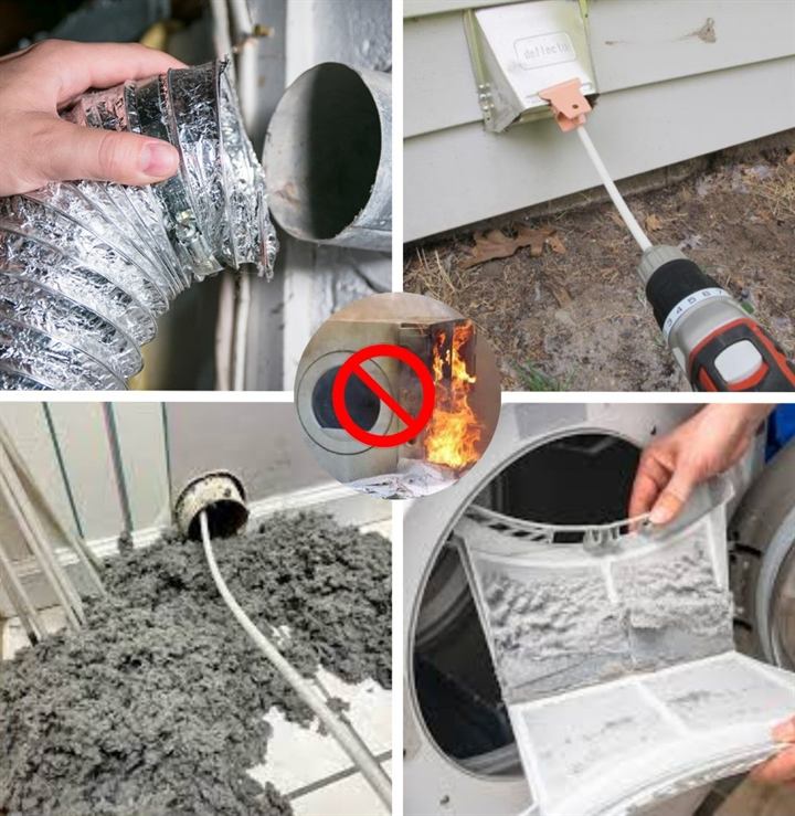 Dryer vent cleaning collage showing a dryer hose, exterior vent, lint buildup, lint trap, and fire hazard warning